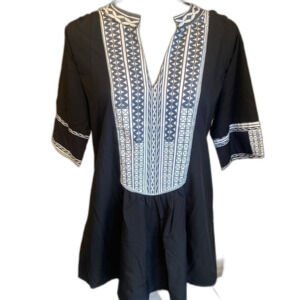 NEW Boho Chic V-Neck Blouse Black/White Womens Size Large Short Sleeve